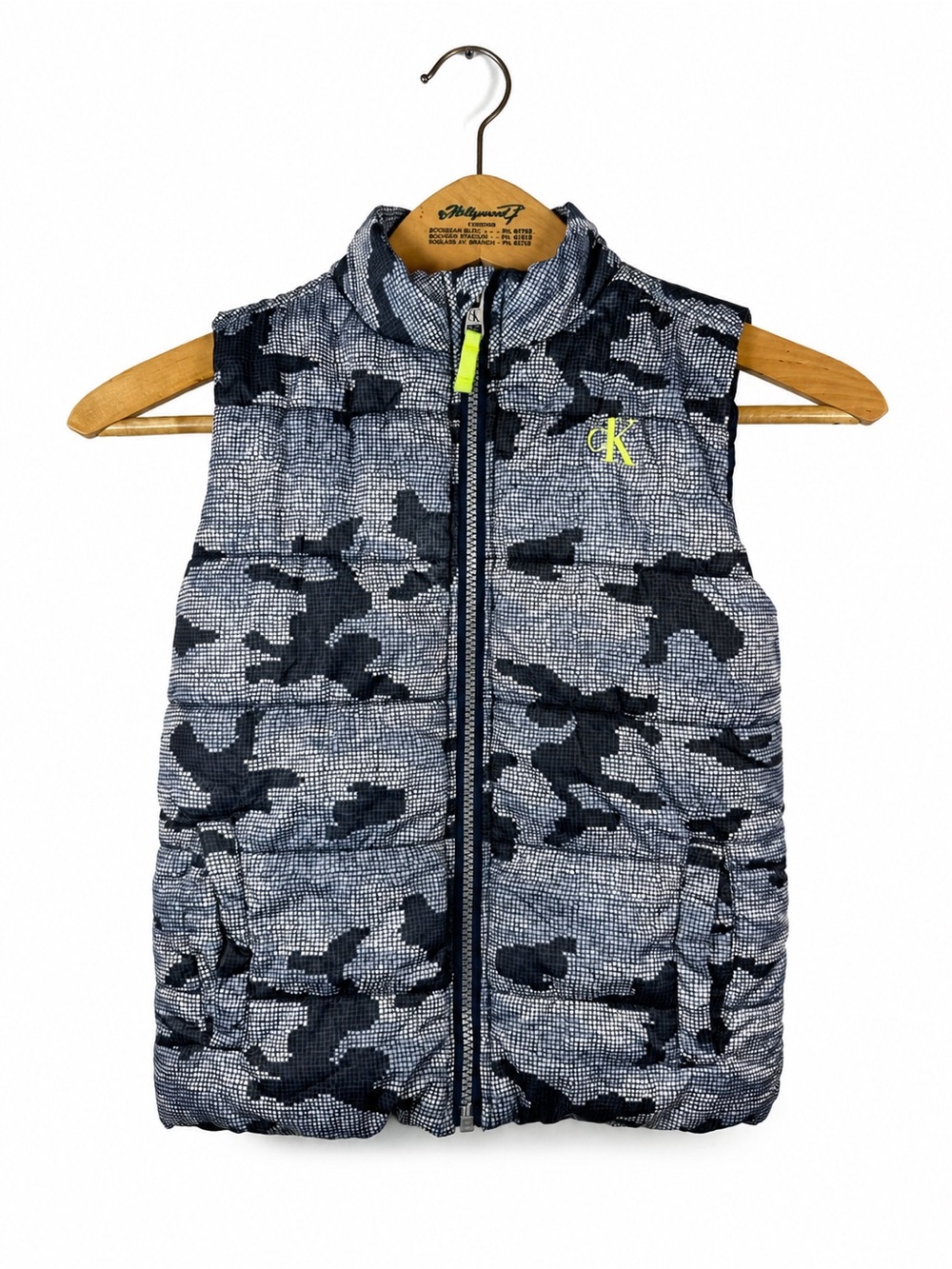 Calvin Klein Kids' Camo Puffer Vest with Neon Green Logo Accents Childs 6